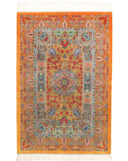 Tappeto Ghom seta Persia arancione azzurro 81x121