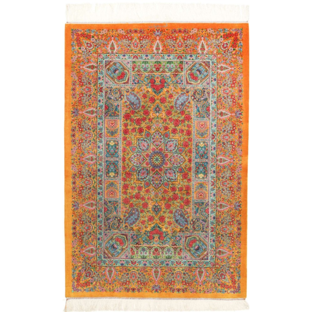 Tappeto Ghom seta Persia arancione azzurro 81x121 Tappeto Ghom seta Persia arancione azzurro 81x121