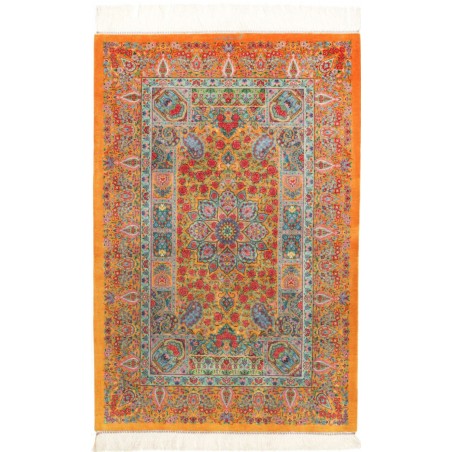 Tappeto Ghom seta Persia arancione azzurro 81x121