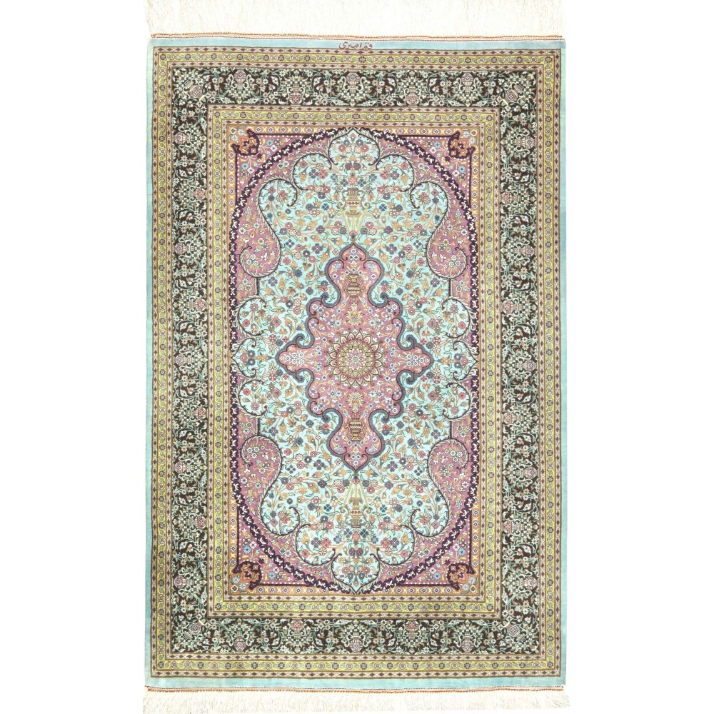 Tappeto Ghom seta Persia azzurro 79x122 Tappeto Ghom seta Persia azzurro 79x122
