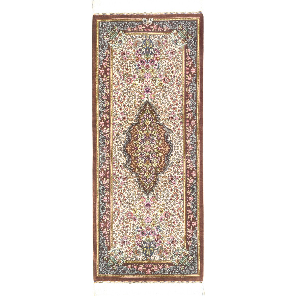 Tappeto Ghom seta Persia azzurro marrone 65x157 Tappeto Ghom seta Persia azzurro marrone 65x157