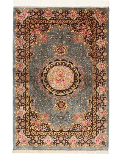 Tappeto Ghom seta Persia azzurro giallo 98x148