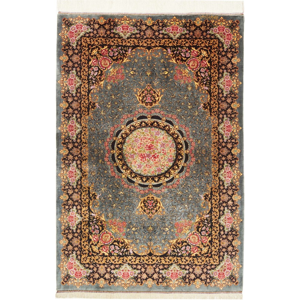 Tappeto Ghom seta Persia azzurro giallo 98x148 Tappeto Ghom seta Persia azzurro giallo 98x148