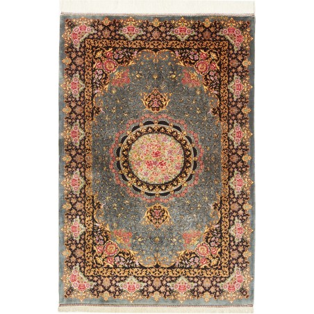 Tappeto Ghom seta Persia azzurro giallo 98x148