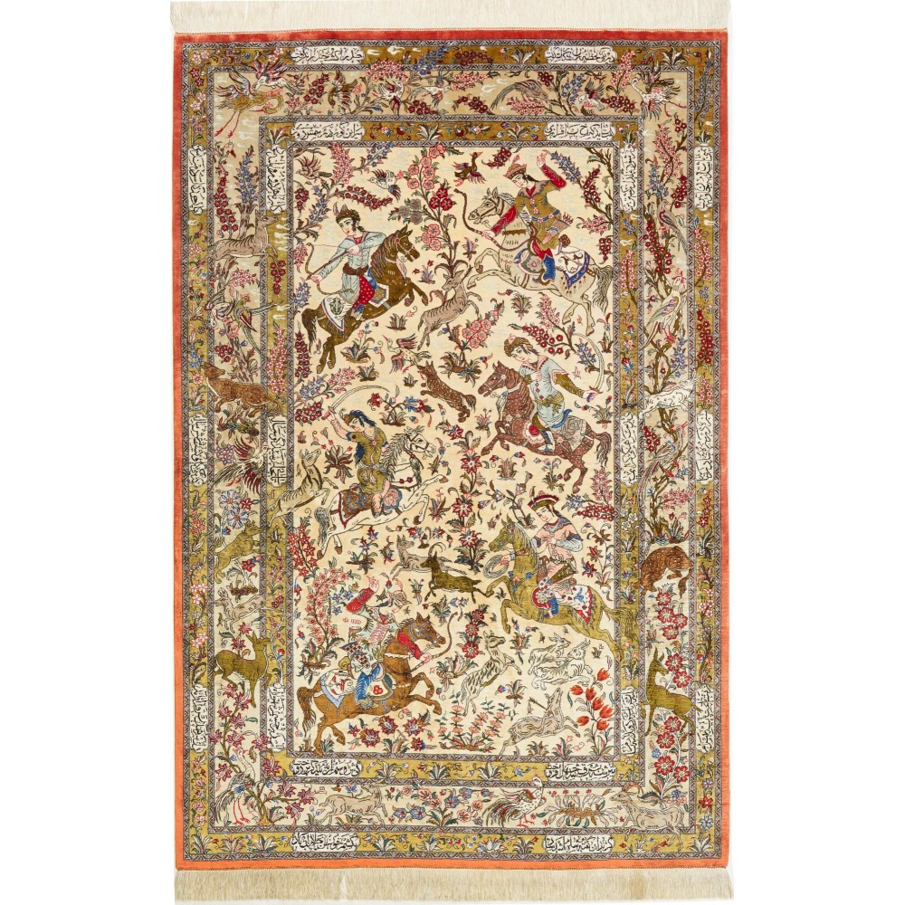 Tappeto Ghom seta Persia giallo grigio 132x200
