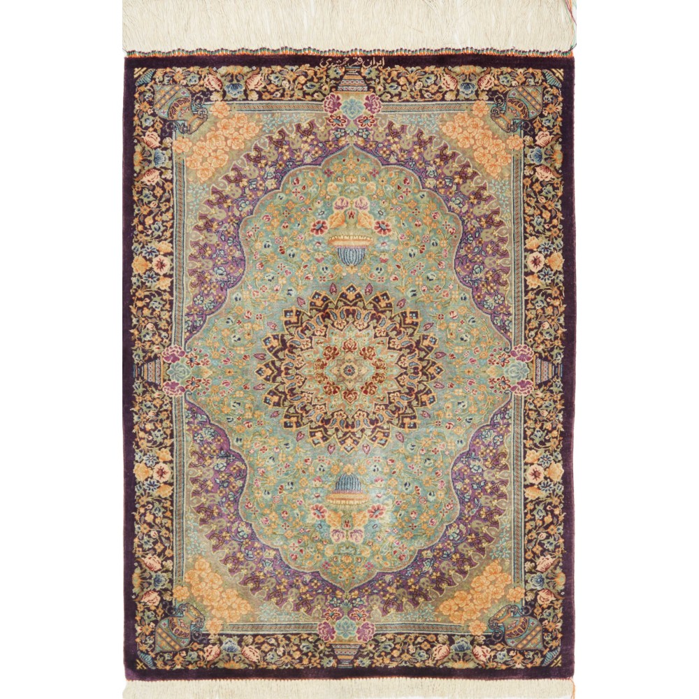 Tappeto Ghom seta Persia marrone verde 60x84