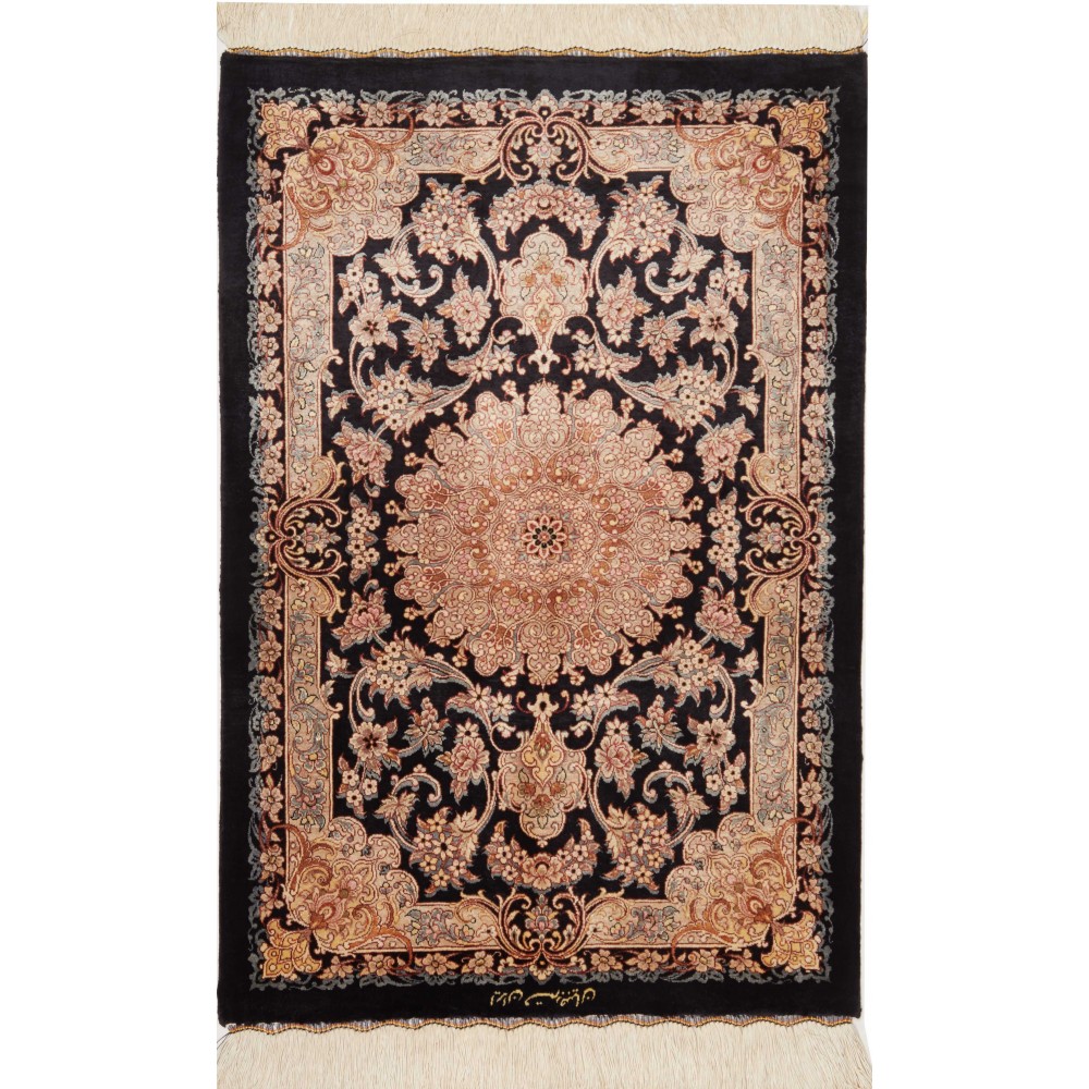 Tappeto Ghom seta Persia marrone blu 62x90 Tappeto Ghom seta Persia marrone blu 62x90