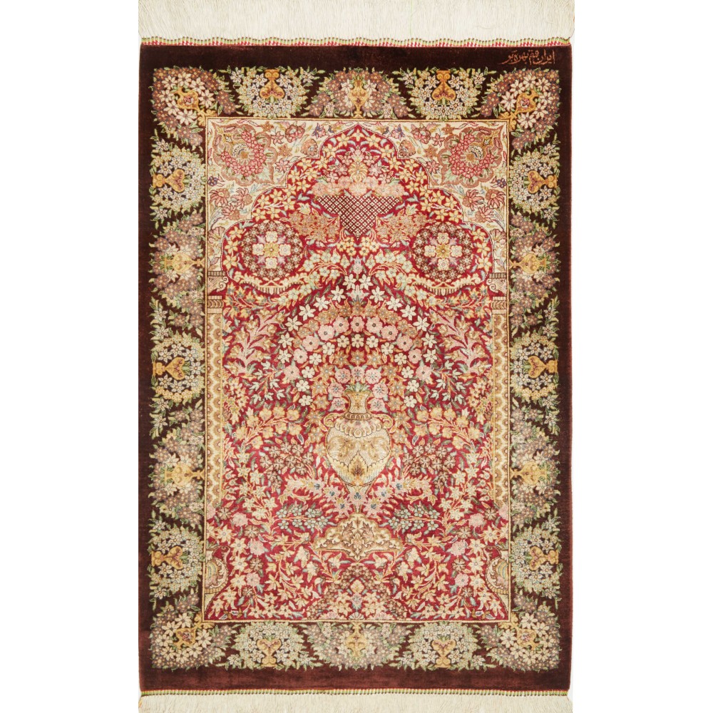 Tappeto Ghom seta Persia marrone 63x94 Tappeto Ghom seta Persia marrone 63x94