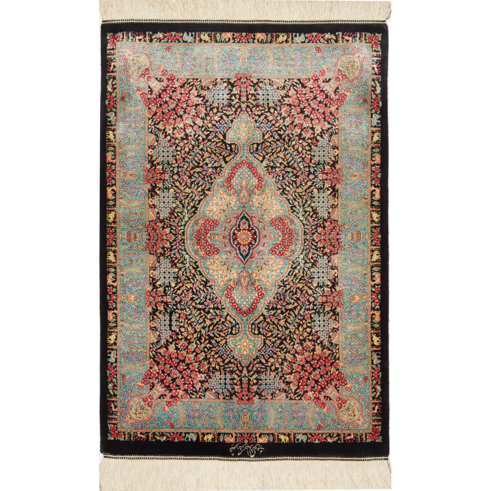 Tappeto Ghom seta Persia marrone blu 63x93 Tappeto Ghom seta Persia marrone blu 63x93