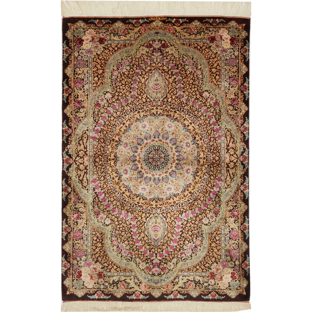 Tappeto Ghom seta Persia marrone grigio 79x121