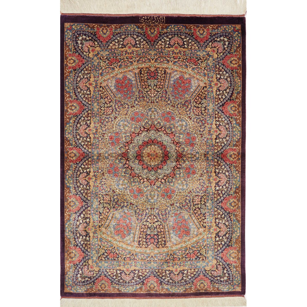 Tappeto Ghom seta Persia marrone azzurro 81x123