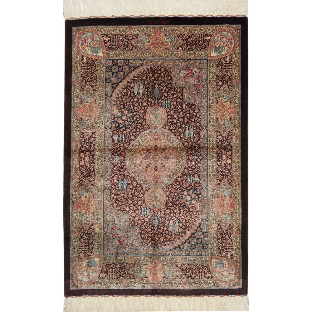 Tappeto Ghom seta Persia marrone blu 80x122 Tappeto Ghom seta Persia marrone blu 80x122