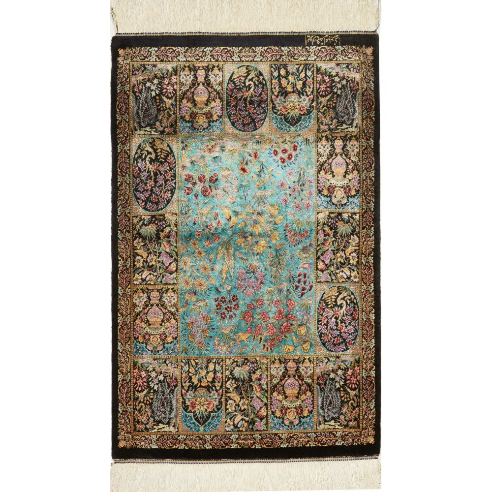 Tappeto Ghom seta Persia marrone blu 57x93 Tappeto Ghom seta Persia marrone blu 57x93