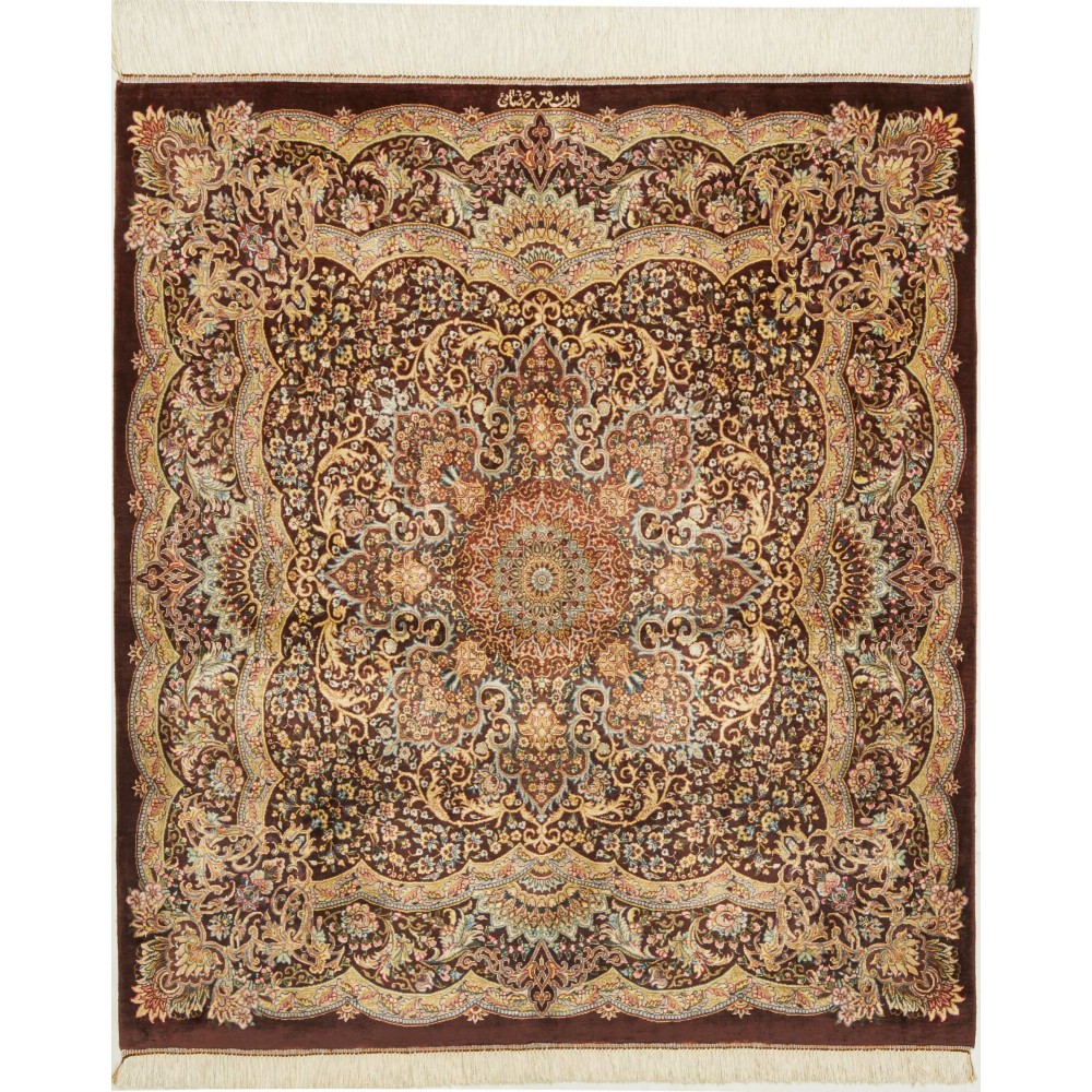 Tappeto Ghom seta Persia marrone 96x108 Tappeto Ghom seta Persia marrone 96x108