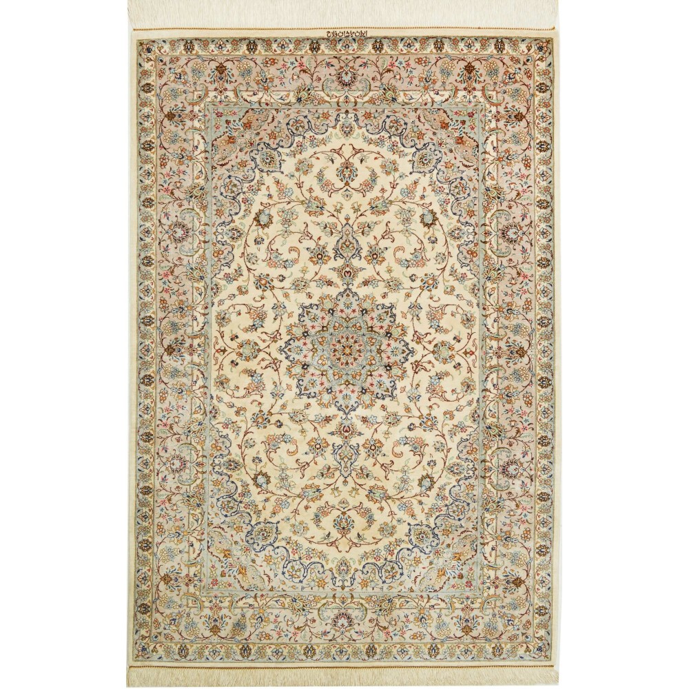 Tappeto Ghom seta Persia beige verde 100x150 Tappeto Ghom seta Persia beige verde 100x150