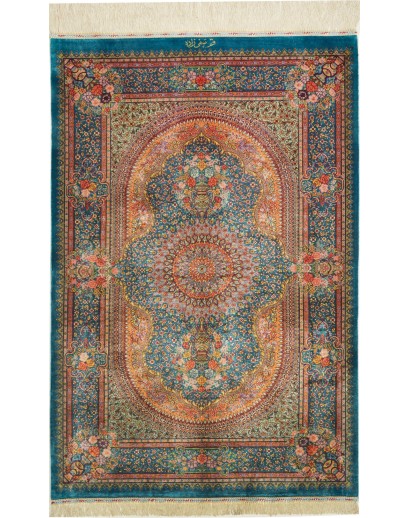 Tappeto Ghom seta Persia azzurro giallo 77x120