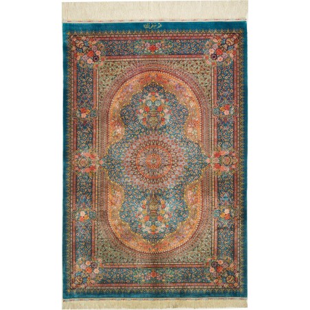 Tappeto Ghom seta Persia azzurro giallo 77x120