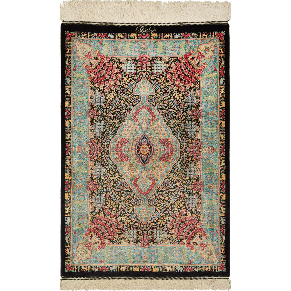 Tappeto Ghom seta Persia marrone blu 60x91 Tappeto Ghom seta Persia marrone blu 60x91