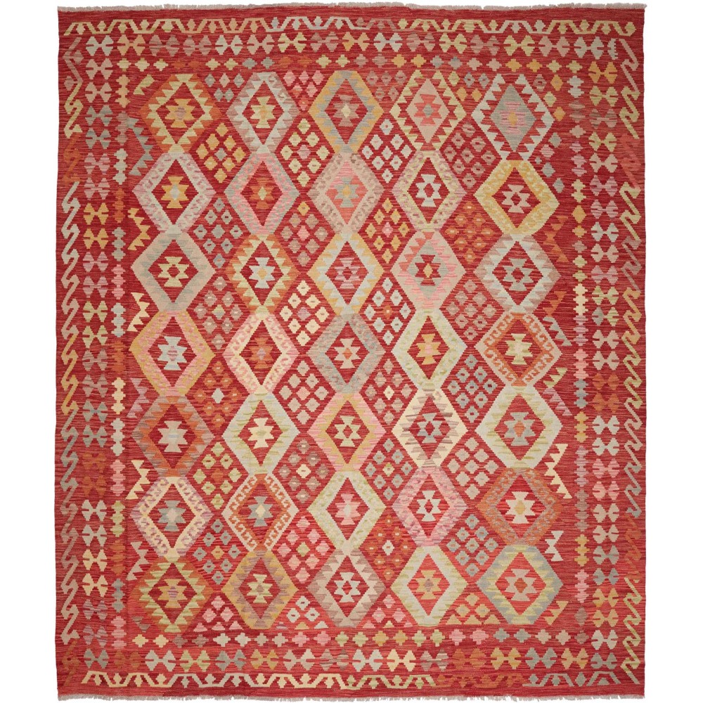 Tappeto Kilim Afghanistan rosso beige 253x297 Tappeto Kilim Afghanistan rosso beige 253x297