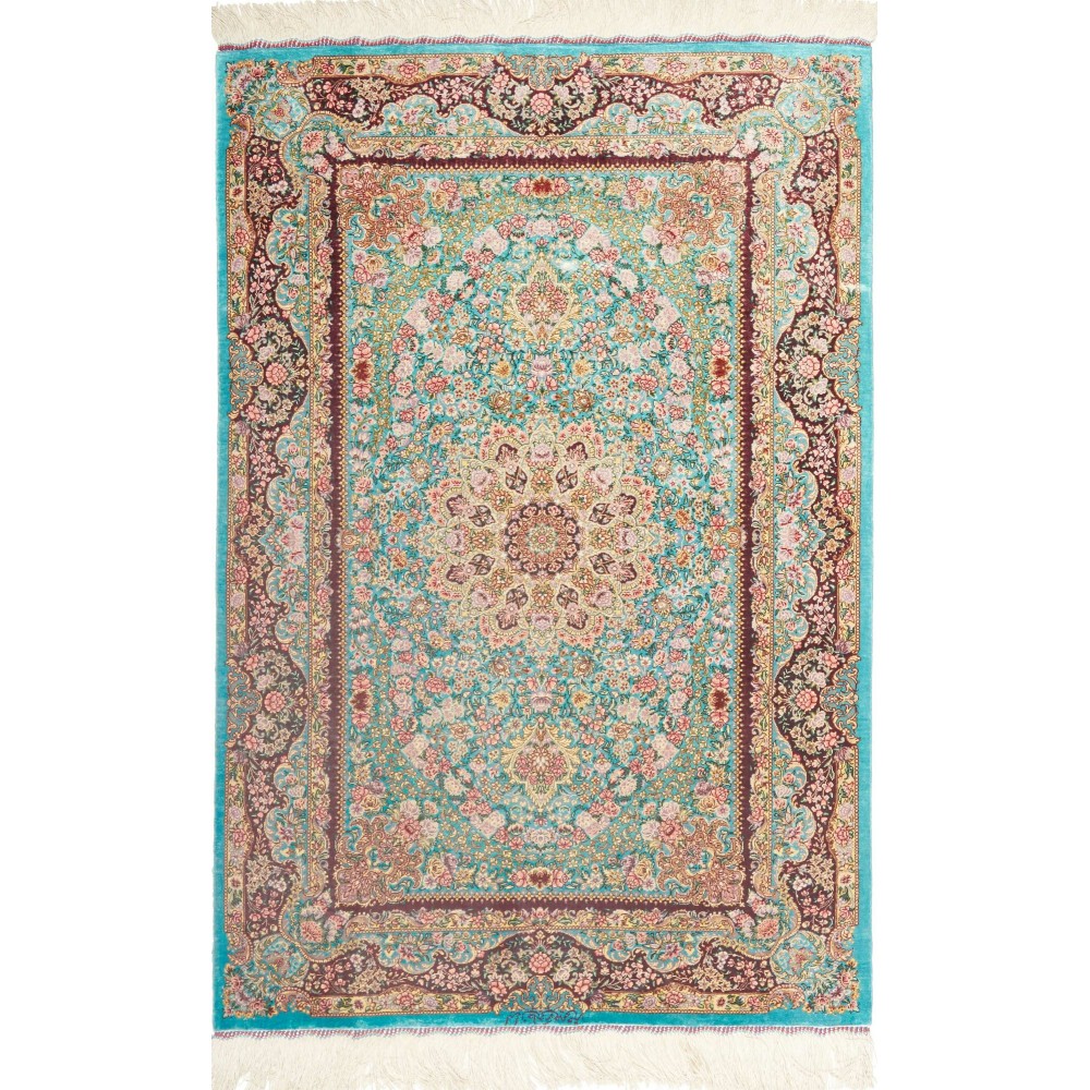 Tappeto Ghom seta Persia azzurro verde 80x120