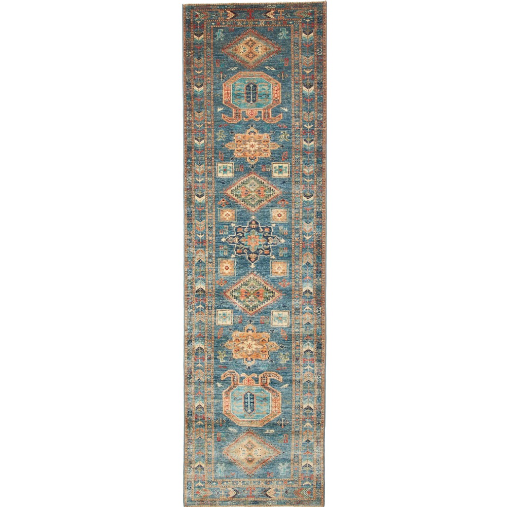 Tappeto Kazak Fine Pakistan bianco azzurro 85x300 Tappeto Kazak Fine Pakistan bianco azzurro 85x300