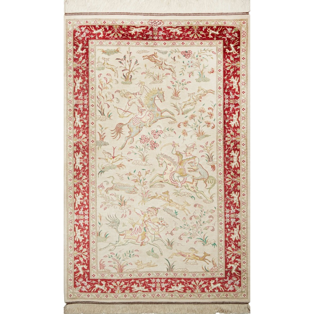 Tappeto Ghom seta Persia bianco marrone 74x114 Tappeto Ghom seta Persia bianco marrone 74x114