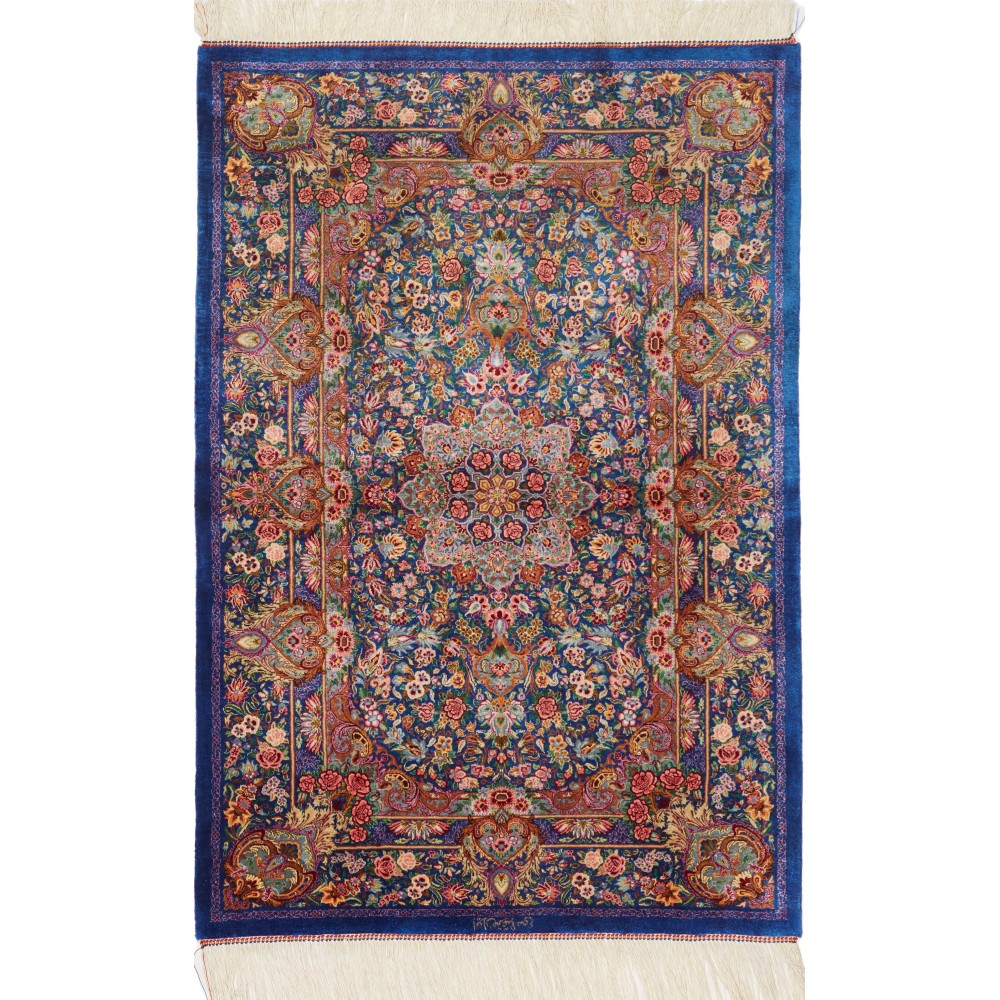 Tappeto Ghom seta Persia azzurro bianco 80x117