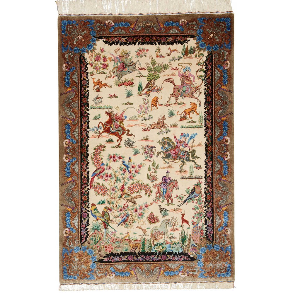 Tappeto Ghom seta Persia beige bianco 100x150