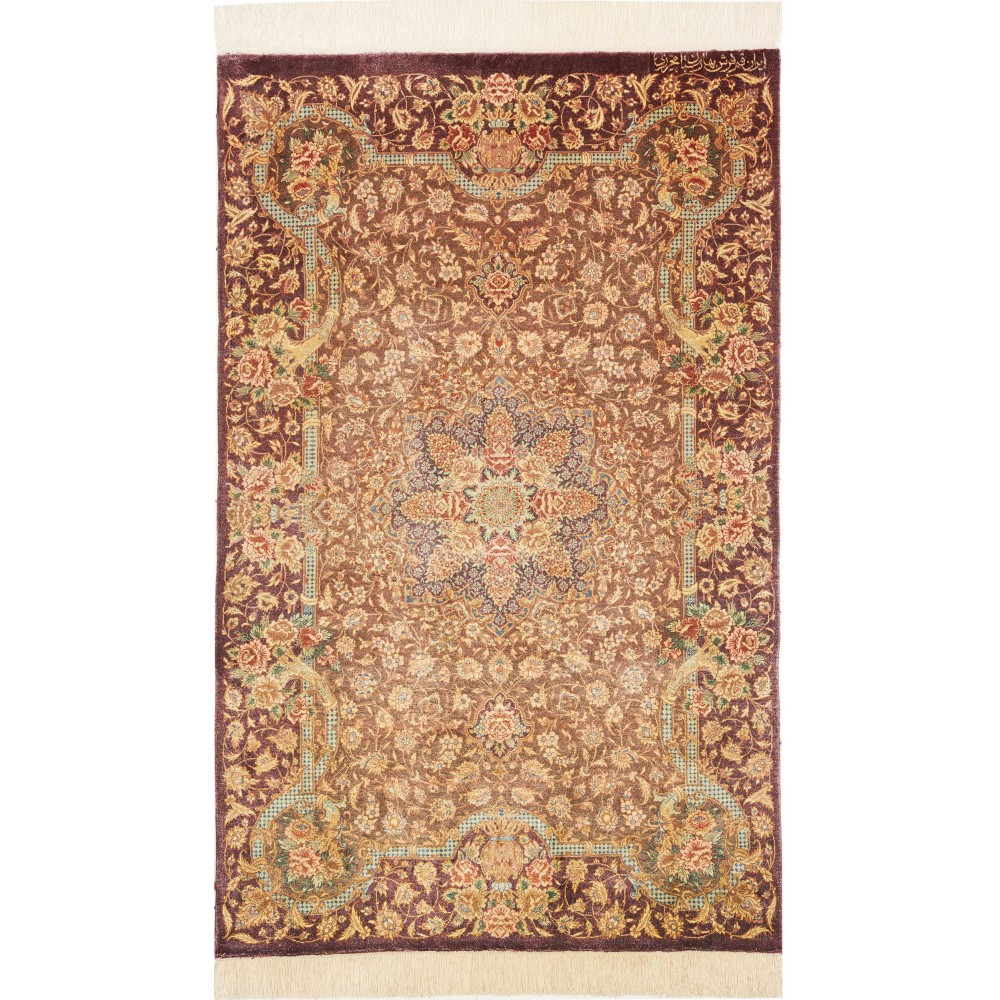 Tappeto Ghom seta Persia marrone giallo 77x121