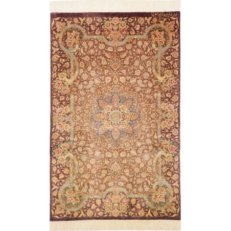 Tappeto Ghom seta Persia marrone giallo 77x121