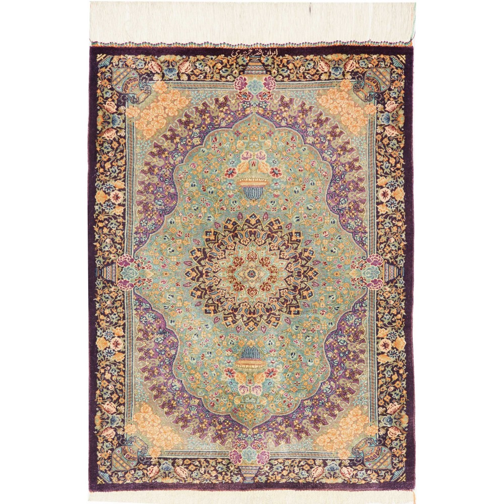 Tappeto Ghom seta Persia marrone verde 60x84