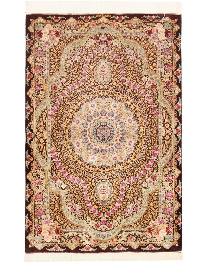 Tappeto Ghom seta Persia marrone grigio 79x121