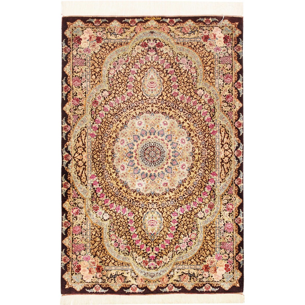 Tappeto Ghom seta Persia marrone grigio 79x121