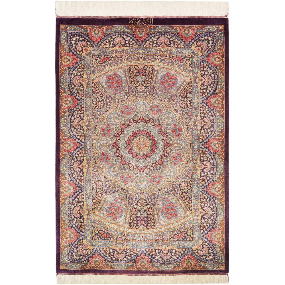 Tappeto Ghom seta Persia marrone azzurro 81x123