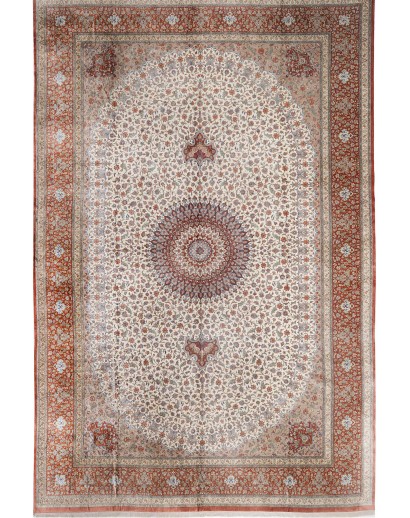 Tappeto Ghom seta Persia marrone bianco 394x620