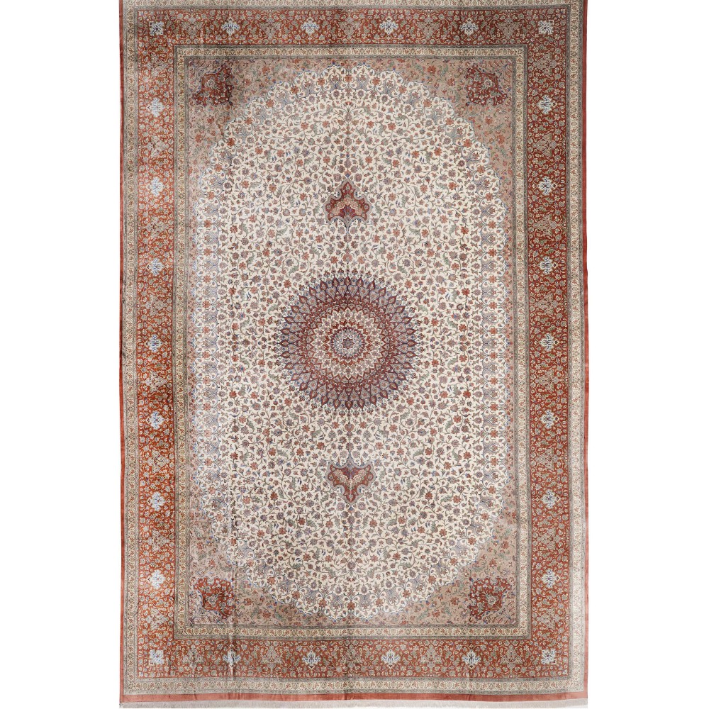 Tappeto Ghom seta Persia marrone bianco 394x620
