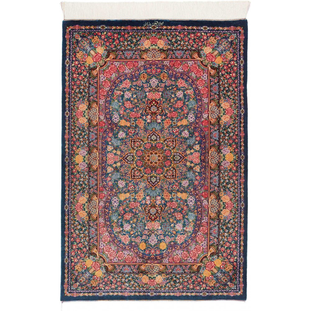 Tappeto Ghom seta Persia azzurro bianco 77x117