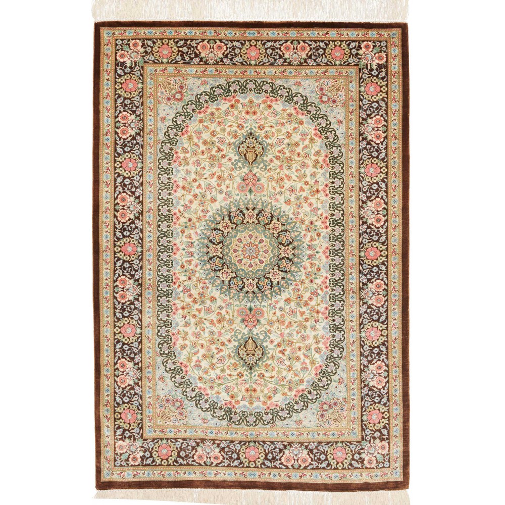 Tappeto Ghom seta Persia marrone verde 78x117 Tappeto Ghom seta Persia marrone verde 78x117
