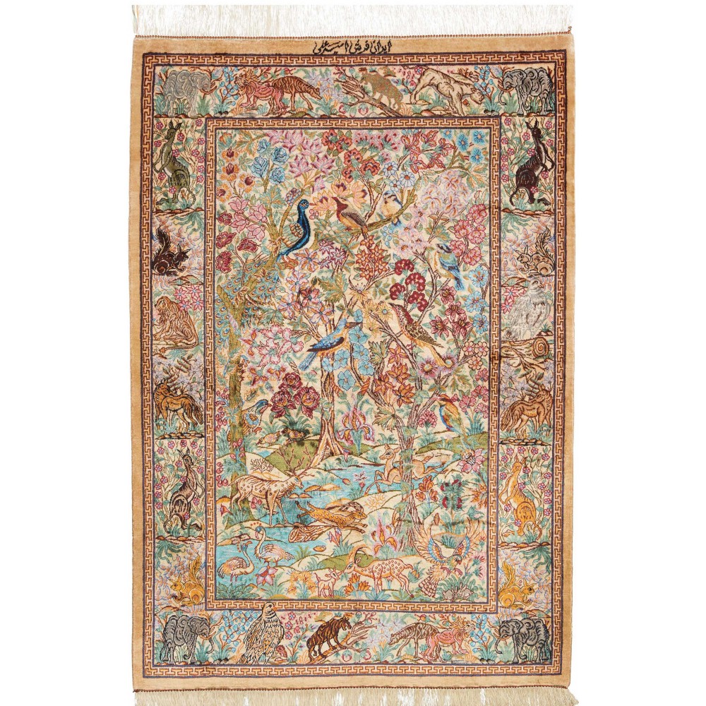 Tappeto Ghom seta Persia marrone bianco 78x116 Tappeto Ghom seta Persia marrone bianco 78x116