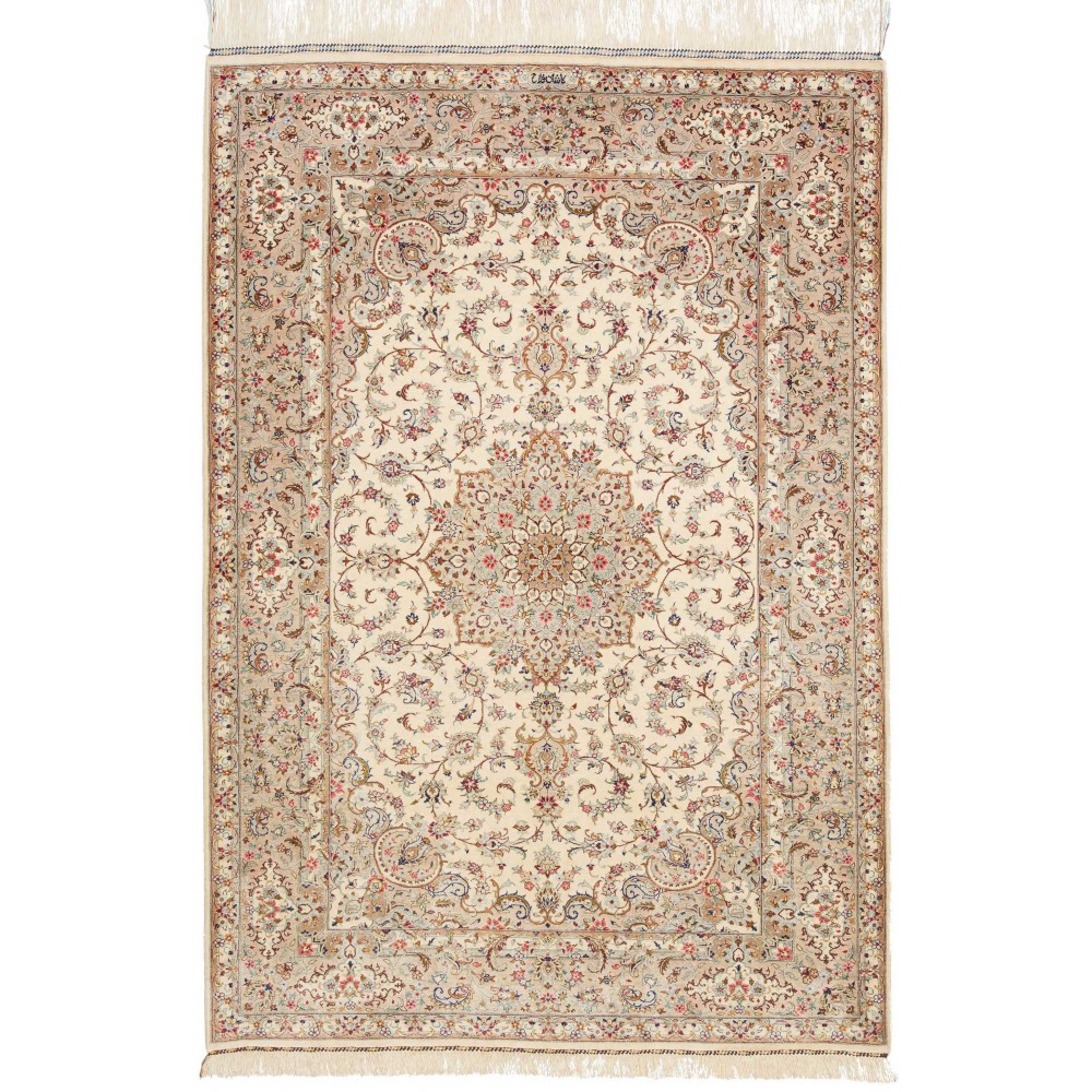 Tappeto Ghom seta Persia beige bianco 100x149 Tappeto Ghom seta Persia beige bianco 100x149