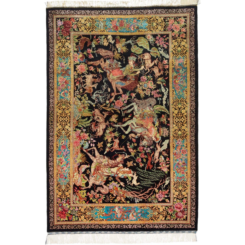 Tappeto Ghom seta Persia marrone blu 100x148 Tappeto Ghom seta Persia marrone blu 100x148