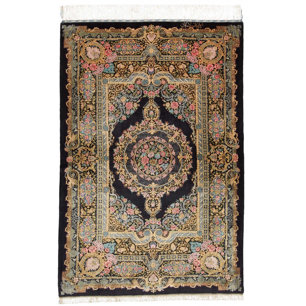 Tappeto Ghom seta Persia marrone azzurro 100x150 Tappeto Ghom seta Persia marrone azzurro 100x150