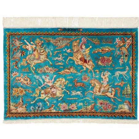 Tappeto Ghom seta Persia blu bianco 90x60