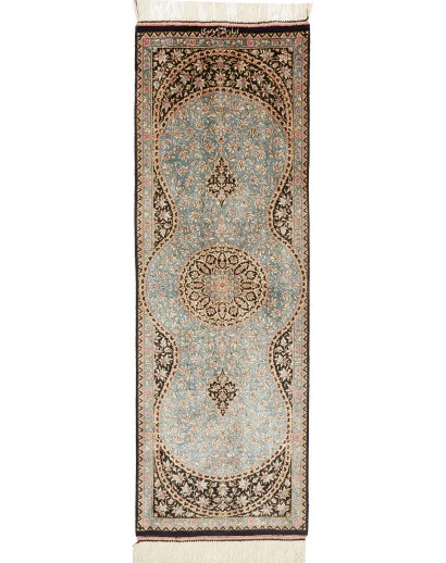 Tappeto Ghom seta Persia azzurro grigio 39x114