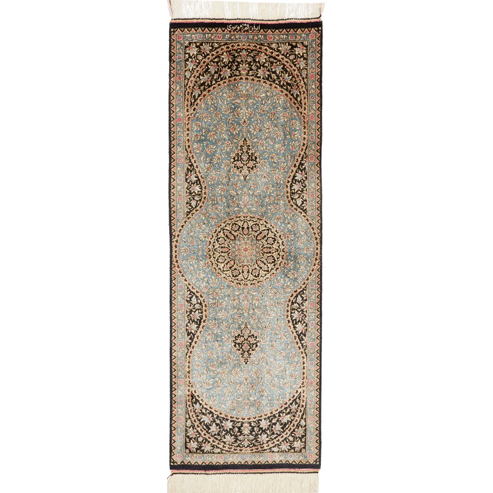 Tappeto Ghom seta Persia azzurro grigio 39x114 Tappeto Ghom seta Persia azzurro grigio 39x114