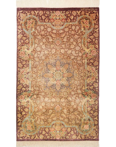 Tappeto Ghom seta Persia marrone giallo 77x121