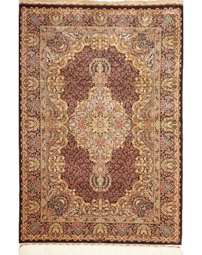 Tappeto Ghom seta Persia marrone giallo 103x148