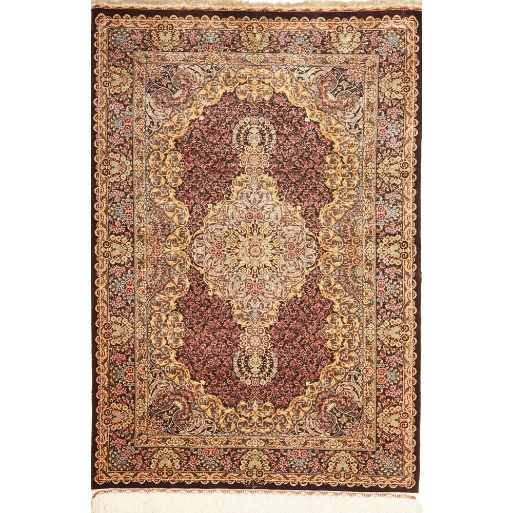 Tappeto Ghom seta Persia marrone giallo 103x148