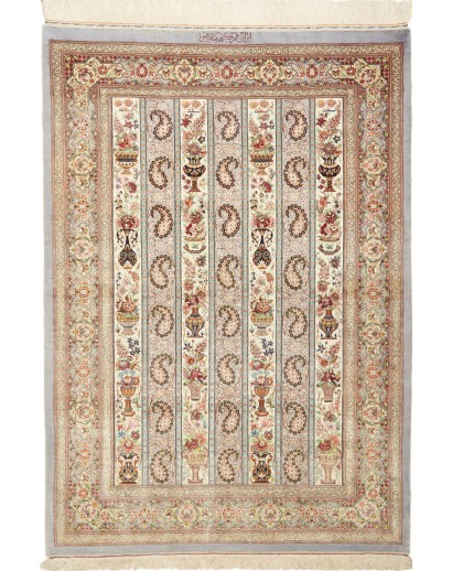 Tappeto Ghom seta Persia beige bianco 106x153