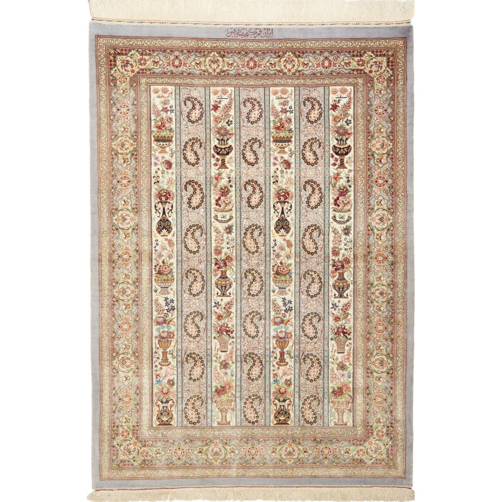 Tappeto Ghom seta Persia beige bianco 106x153
